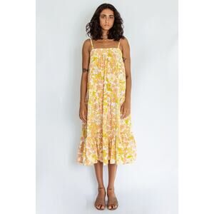 Girl and the Sun Yellow Orange St Topez Sleeveless Shift Tiered Midi Dress Sz S